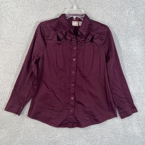 Chico's Button Up Top Womens 1 Burgundy Casual Collared Long Sleeve Cutout